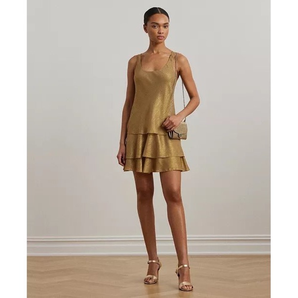 Lauren Ralph Lauren Gold Metallic Tiered Ruffle Dress Size 12 NWOT